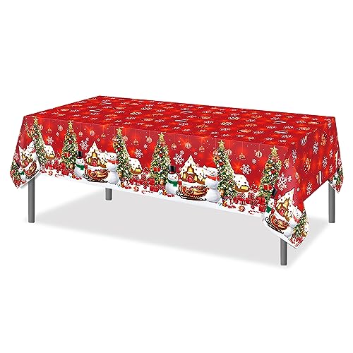 Christmas Tablecloths Set - Snowflake, Snowman, Tree Designs, 87x51 Inch Disposable Plastic, 3 Pack