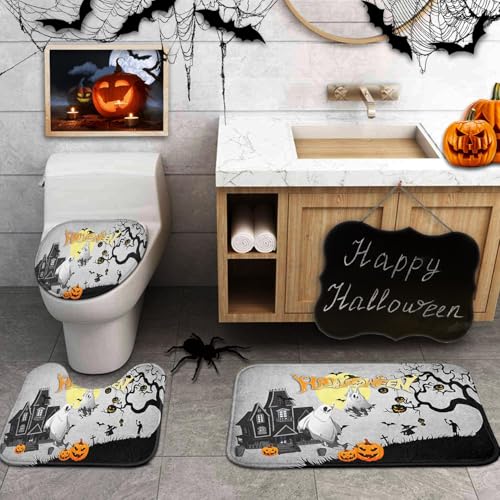 Britimes Halloween Spooky Ghost Bathroom Rug Set of 3 - Bath Mats & Toilet Lid Cover