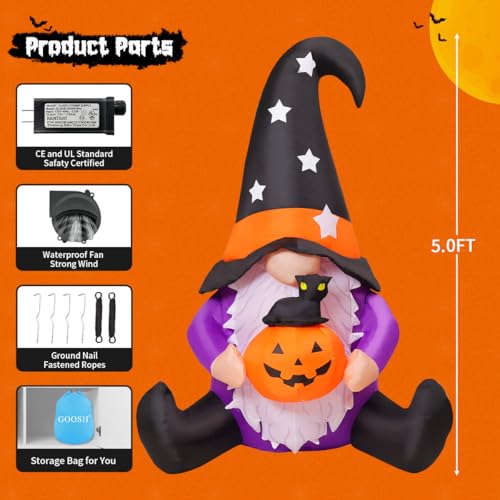 5 FT Halloween Inflatable Gnome Decorations with LED Lights for Outdoor Yard Display