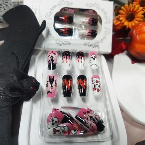 Halloween Press On Nails Set - Glossy Pink Blood Ghost Skull Spiders Variation 59