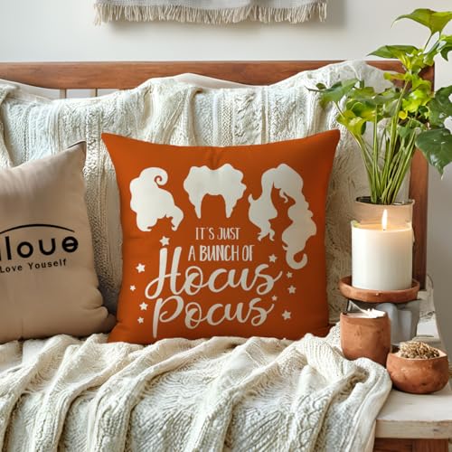 Halloween Throw Pillow Covers 18x18 Inches Set of 2 with Funny Witch Sayings - Orange Fall Decor