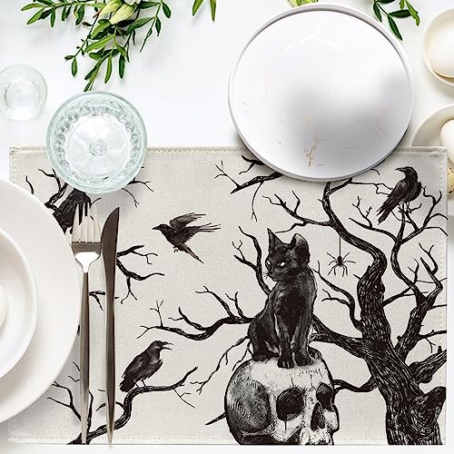 Halloween Skull Black Cat Placemats Set of 4 - 12x18 Inch, Durable Cotton Linen