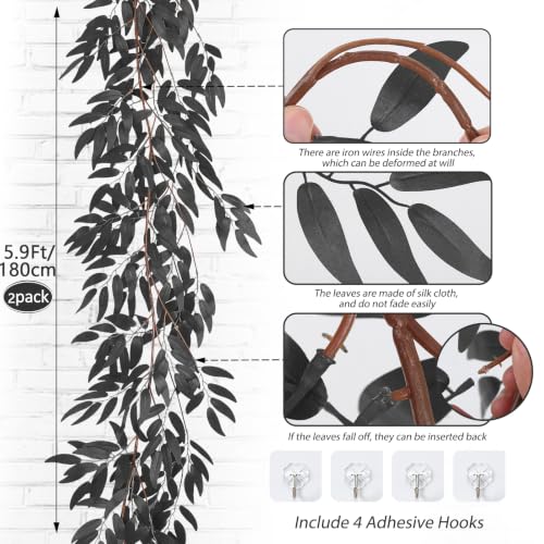 Black Willow Leaves Vine Garland 2 Pack - 5.9Ft Artificial Halloween Decor