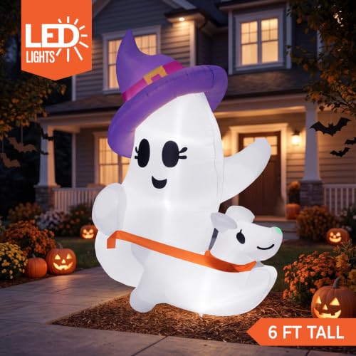 6 FT Halloween Inflatable Ghost & Dog Yard Decor with LED Lights - Outdoor Spooky Decoration