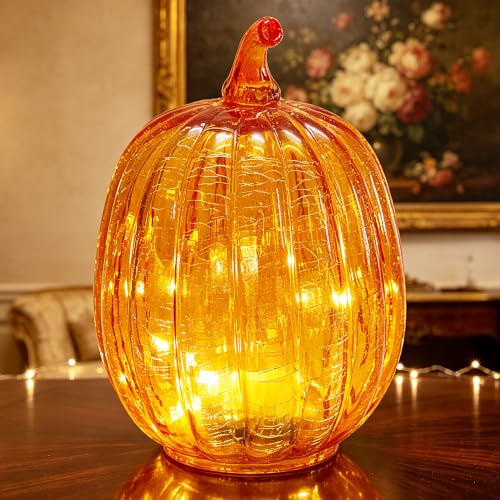 Gold Crackled Glass Pumpkin Lights with Timer - Fall Home Decor