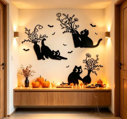 3-Piece Halloween Black Cat Wall Art Decor - Spooky Farmhouse Wall Hanging