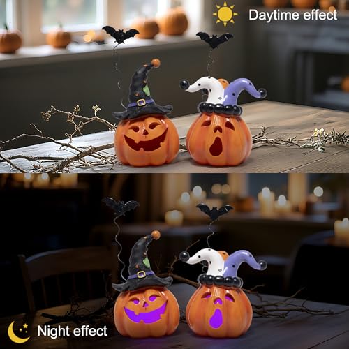 Halloween Pumpkin Decor Set with Light - Resin Jack O Lantern Figurines for Home & Party