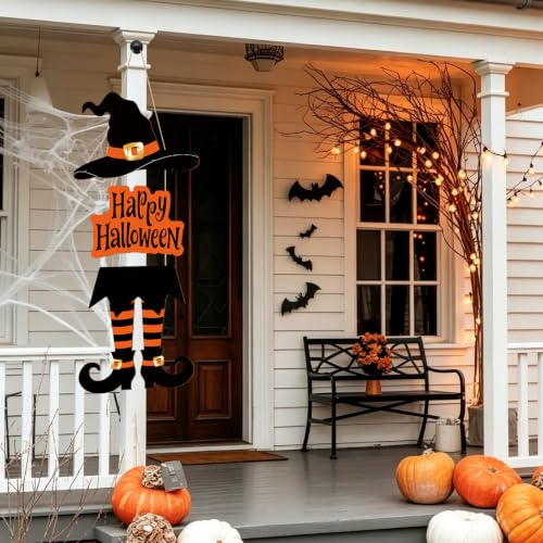 Large Orange Halloween Wooden Witch Door Wreath - Front Door Decor