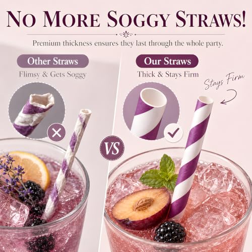 Purple Paper Drinking Straws for Parties and Events - 100 Pack