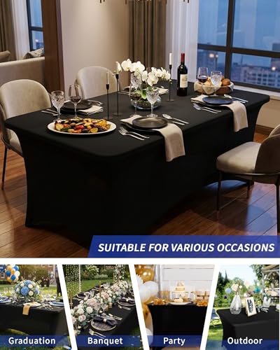 Fixwal 6ft Black Spandex Fitted Table Cover - Pack of 6, Rectangle, Stretchy & Wrinkle-Resistant, For Event & Party Use