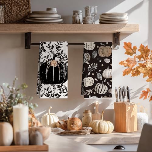Microfiber Kitchen Towels Set of 2 - Black Polka Dot Pumpkin Design, 12x24 Inches, Quick Dry
