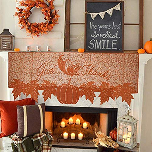 Thanksgiving Fireplace Scarf 20x60 Inch Pumpkin & Leaf Lace Table Runner - Fall Decor