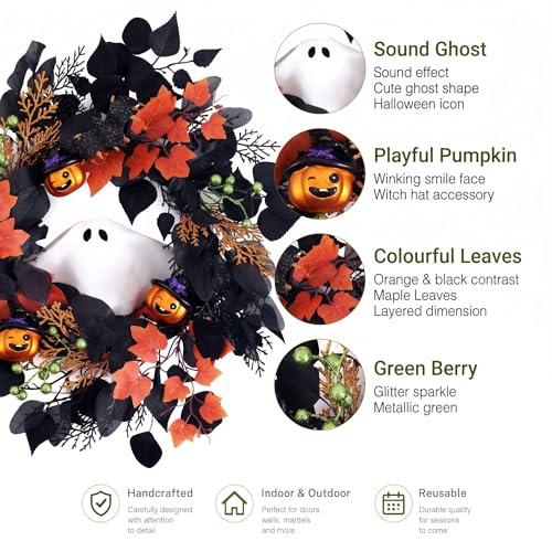 Halloween Ghost Wreath with Lights 20 Inch Front Door Decor - Spooky & Playful