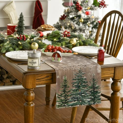 Christmas Pine Tree Table Runner 13x72 Inch Home Party Decor - Wood Variation