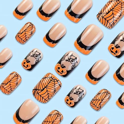 Halloween Fake Nails - Square, Black Spider Web & Pumpkin Press Ons - Style17