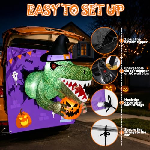 Inflatable Dinosaur Car Decoration Kit - 4 Ft Motion Dinosaur with LEDs for Halloween Trunk or Treat - Variation of Dinosaur