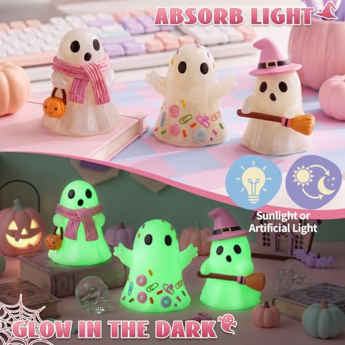 Pastel Halloween Ghost Figurines Set - Glow in the Dark Resin Decor - 3 Pieces