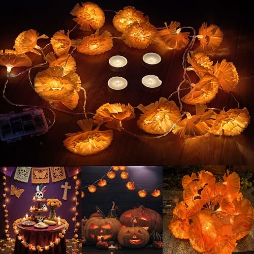 Marigold Garland Lights String - 10ft, 20 LED Artificial Flowers, Ø 3.5 Inches, Day of the Dead & Festival Decor