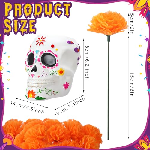 Day of the Dead Sugar Skull Centerpiece with 20 Marigolds - Halloween Home Decor