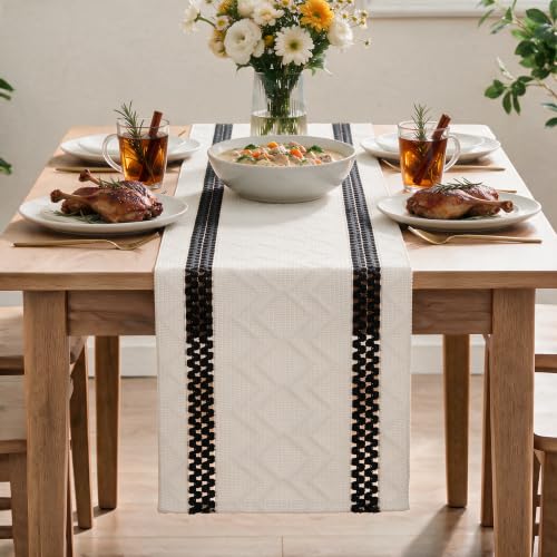 Woven Rustic Table Runner 12x120 Inch Black Stripe Cotton Polyester