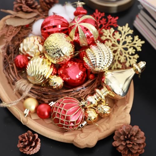 Red Gold Christmas Tree Ornaments Set - 116 Pieces, Assorted Shapes & Finishes