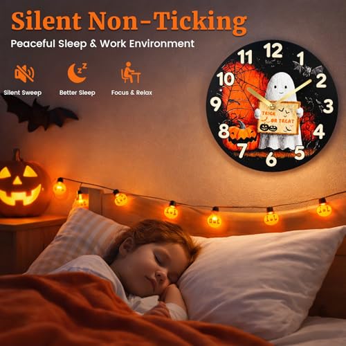 Halloween Ghost Wall Clock - 12 Inch Spooky Silent Decor with Trick or Treat Design - Ghost Variation