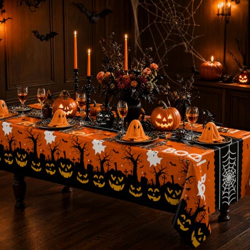 Pumpkin Ghost Boo Halloween Tablecloth 3 Pack 54x108 Inch Leakproof Plastic Covers