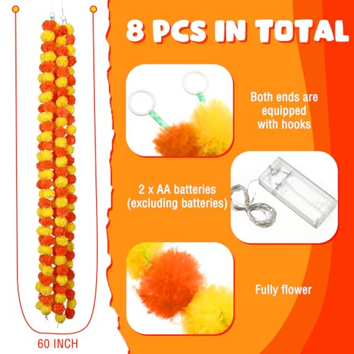 8 Pcs Marigold Garland for Decor with Lights - Halloween Festival Decoration