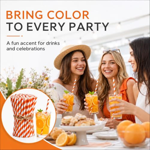 Orange Disposable Paper Straws - 100 Biodegradable Cocktail & Party Straws