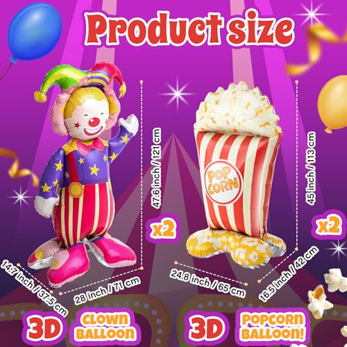 Self-Standing Popcorn and Clown Balloons Kit - Carnival Party Decor