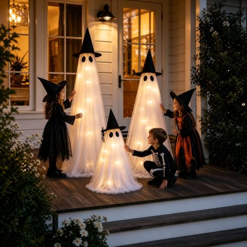 Light Up Ghost Halloween Decorations Outdoor - 3 Pack Adjustable Tall & Small Ghosts with Remote