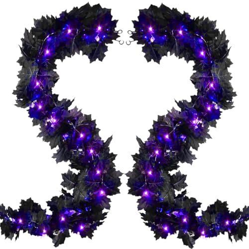 Halloween Decor Black Maple Leaf Garland with Purple LED String Lights - 6.5Ft, Battery Operated, Spooky Home Accent