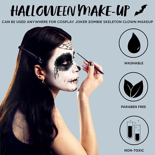 Halloween Makeup Palette with 3 Colors - Face & Body Paint, White Black Green, Includes Brush