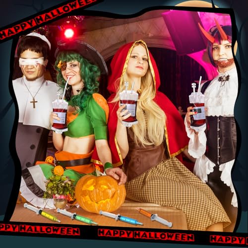 Halloween Blood Bags for Drinks 50 Sets Fake IV Bags with Syringes & Stickers - Variation of 100