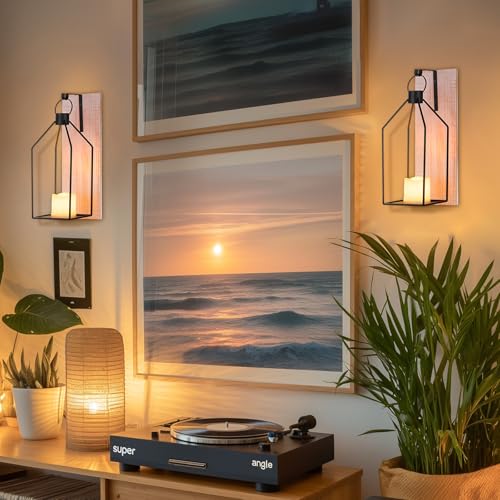 Washwhite Farmhouse Wall Candle Sconce Set of 2 with Wooden Boards & Metal Lanterns