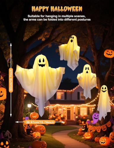 Halloween Hanging Ghost Decorations - 4 Pack Outdoor Indoor Light-Up Spooky Yard Party Decor