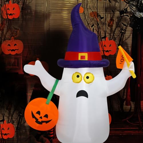 Halloween Inflatable Ghost with Pumpkin, Lights & Witch Hat - 5Ft Outdoor Yard Decor