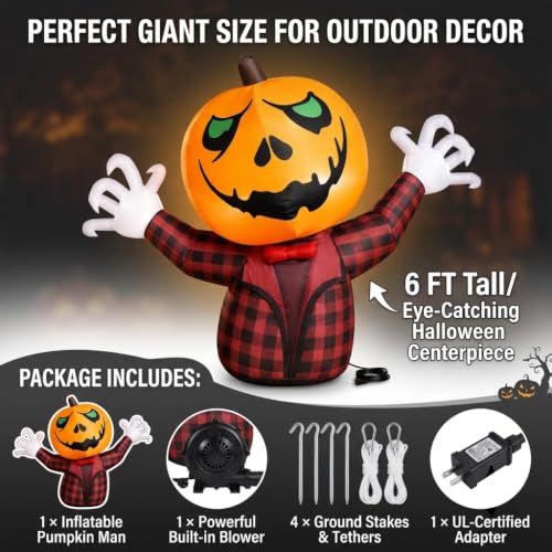 6 FT Halloween Inflatable Yard Decor - Day of the Dead Mariachi Skeleton with Guitar & Puppy, Pumpkin Variation, Bright LEDs