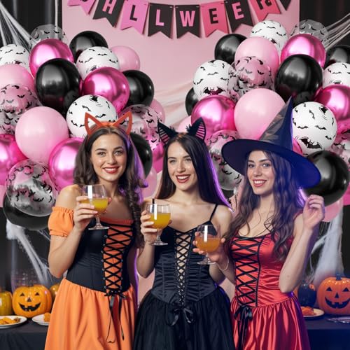 Halloween Balloons Set - Pink Black Bat Variation, 50 Pcs Spooky Party Decorations