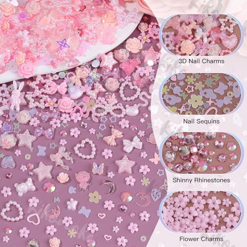 Pink Nail Charms Kit with 3D Gems & Rhinestones - 400+ Pieces for Nail Art & DIY Crafts