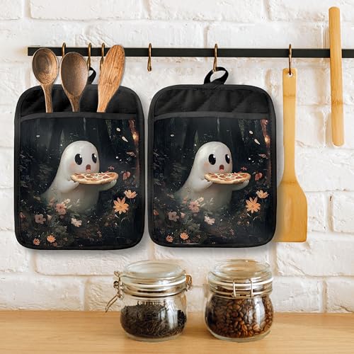 Funny Ghost Pot Holders with Pockets - Halloween Kitchen Oven Gloves