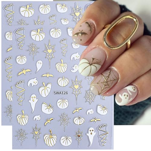 Halloween Nail Art Stickers 3D Bronzing Bats Spider Web Pumpkin Ghost - Style 8, 6 Sheets