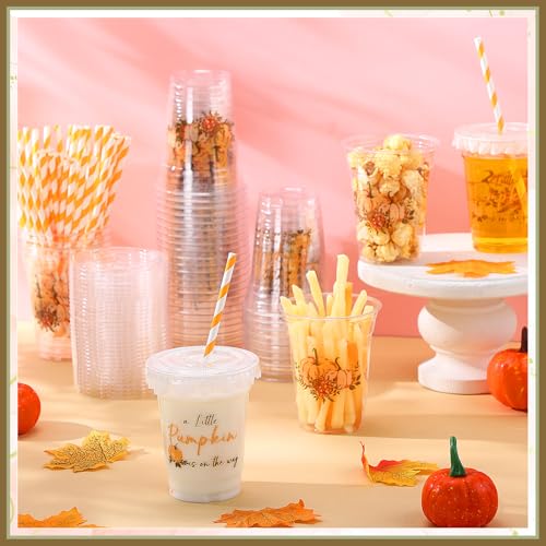 Fall Pumpkin Baby Shower Plastic Cups Set - 50 Orange Party Cups with Lids & Straws