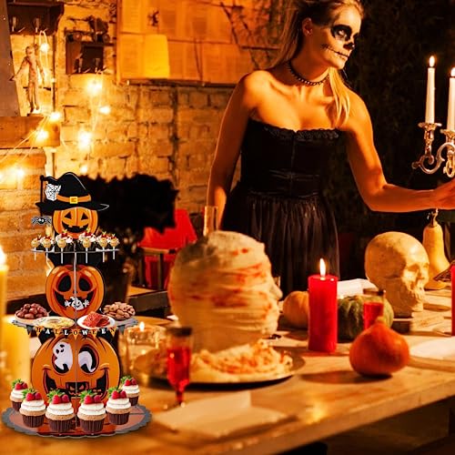 Halloween Cupcake Stand 3-Tier Pumpkin Cardboard Dessert Tower with Hole Design