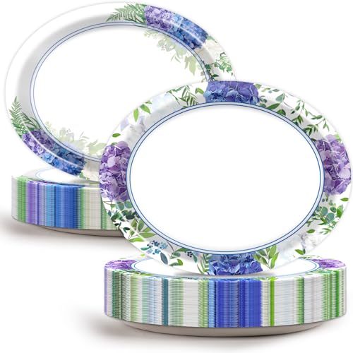 Hydrangea Pattern Disposable Paper Plates - 50 Pack 11-Inch Large Spring Floral Dinnerware Set