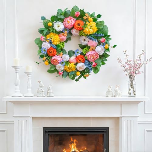 Spring Wreath for Front Door 24 Inch Vibrant Garden-Inspired Decor with Flowers & Fruit Accents
