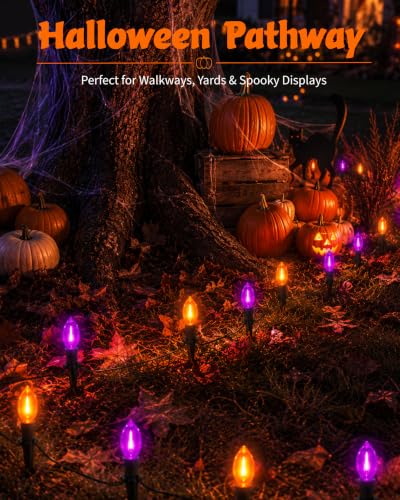 Halloween Pathway Lights 10-Pack Purple & Orange C9 LED Stakes - Outdoor Yard Decor