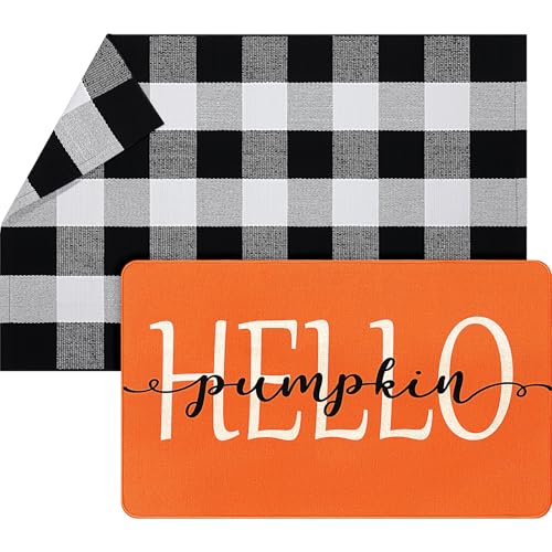 Fall Welcome Door Mats Set - Hello Pumpkin & Buffalo Check Outdoor Rug 30x18 & 43x27 Inches