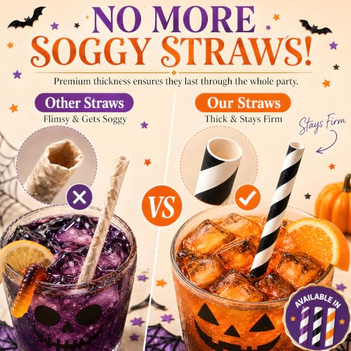 Paper Drinking Straws Set - Orange, Black, Purple for Halloween & Parties - 100 Pack