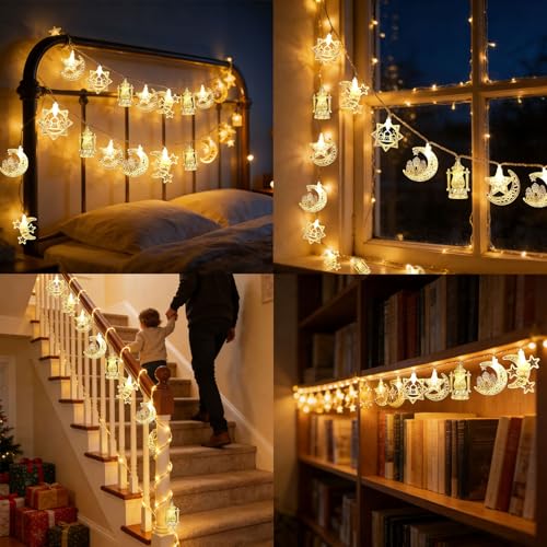 Moon Star String Lights 10FT 20 LED Fairy Lights Ramadan & Christmas Decor - Battery & USB Powered with 2 Modes Waterproof